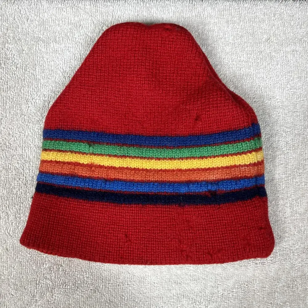 Hat Beanie Girls One Size Red 100% Wool Striped Rainbow Winter Cozy Casual